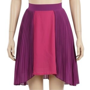 LF Millau Magenta Fuchsia Chiffon Asymmetrical Color-Block Pleated Skirt